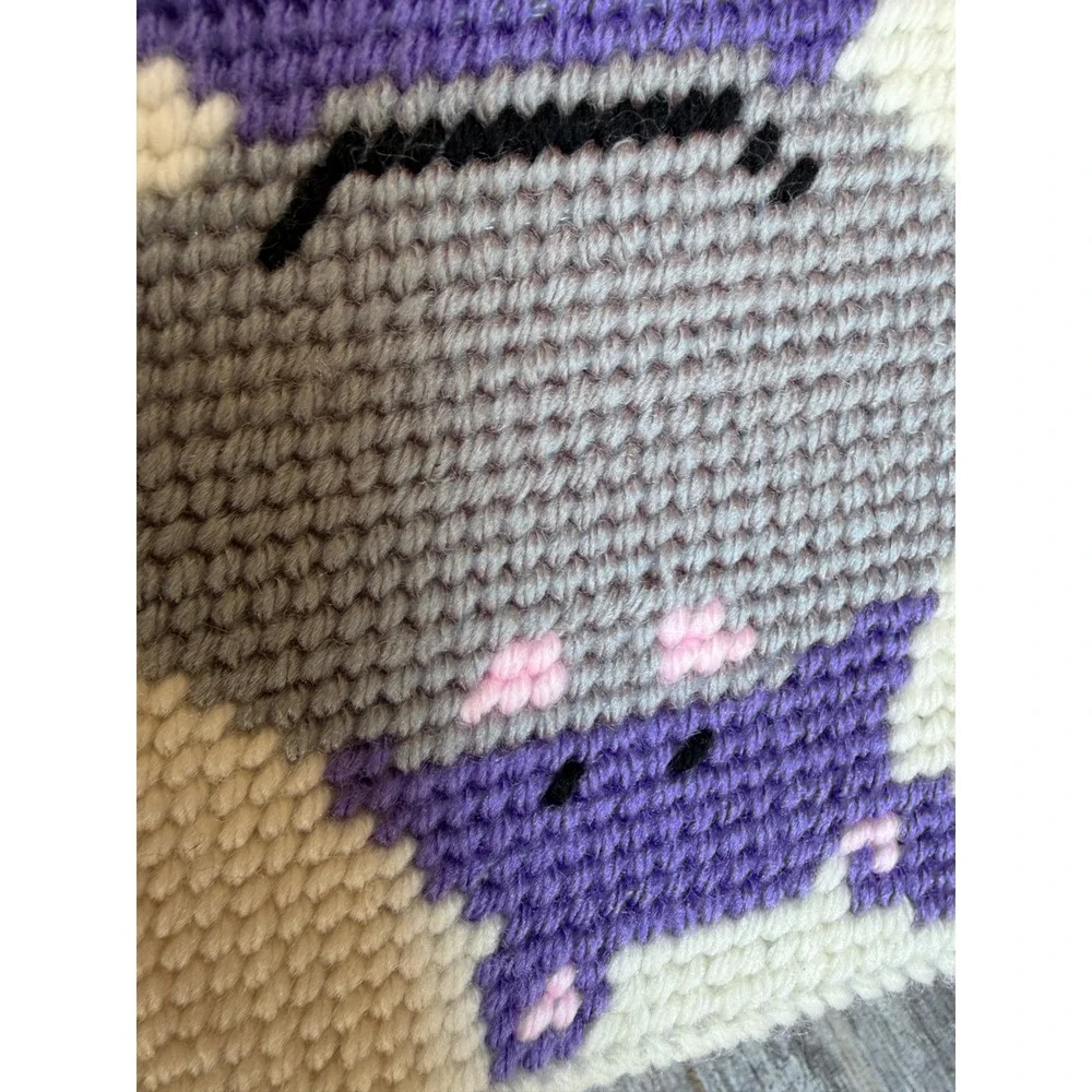 Handmade Hippo Needlepoint Tissue Box Cover Cottagecore Yarn Folk Art Home Decor